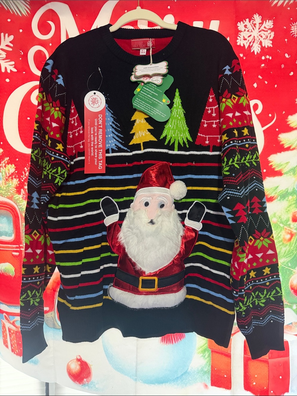 Women’s Black Santa Holiday Sweater with Multicolor Stripes